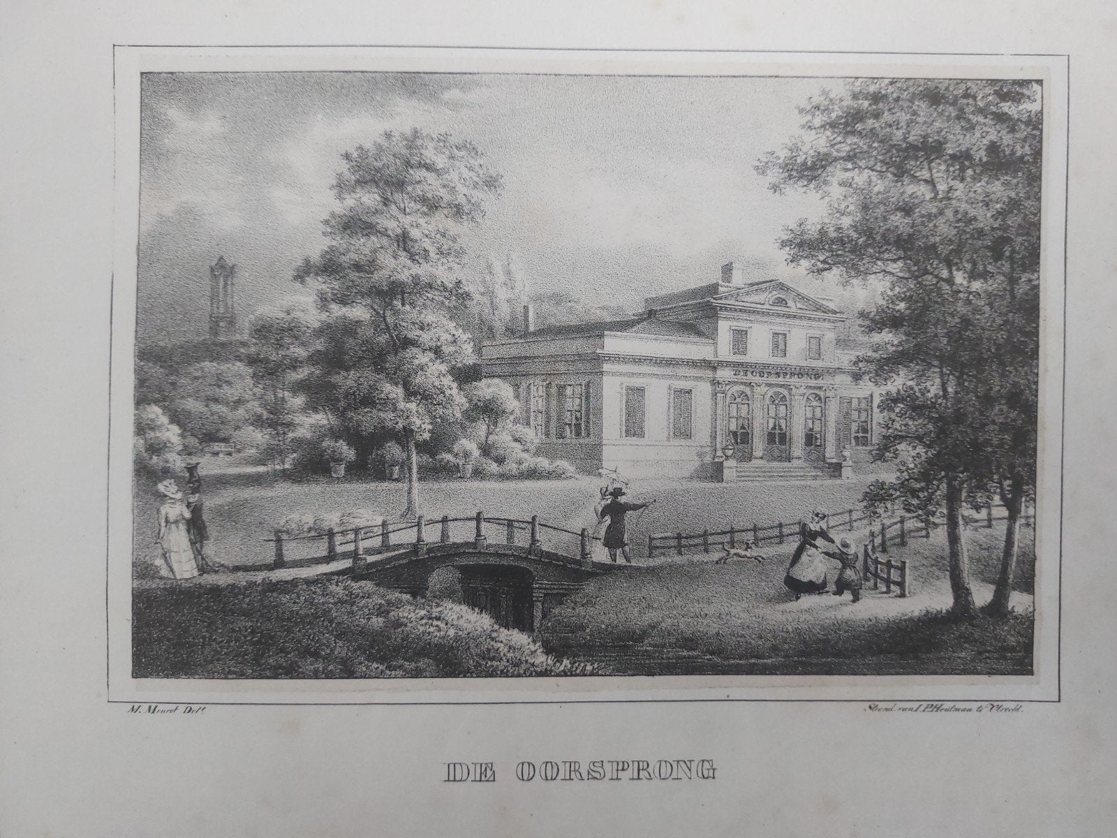 18 De Oorsprong Biltstraat Utrecht steendruk uit 1829, Gesigneerd in de plaat, Ophalen of Verzenden, Landschappen, Lithografie