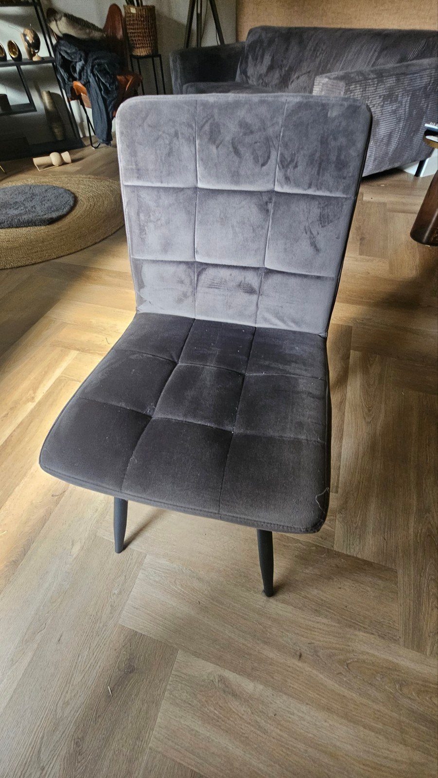 6 Toffe stoere eettafelstoelen - Grijs velvet suedelook, Huis en Inrichting, Stoelen, Ophalen, Zo goed als nieuw, Vijf, Zes of meer stoelen