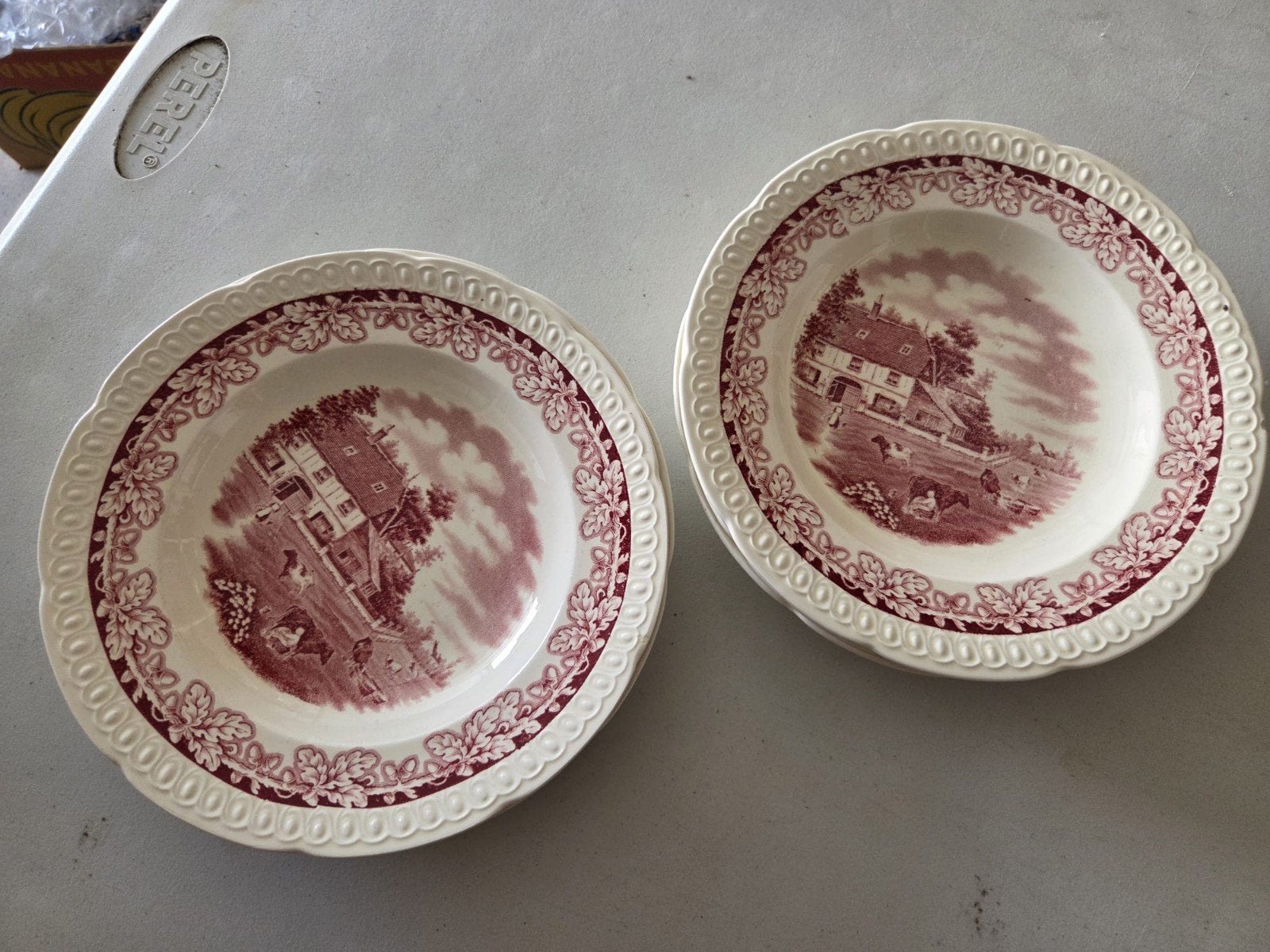 4 Boerenhoeve diepe borden met landschap decor, Ophalen of Verzenden