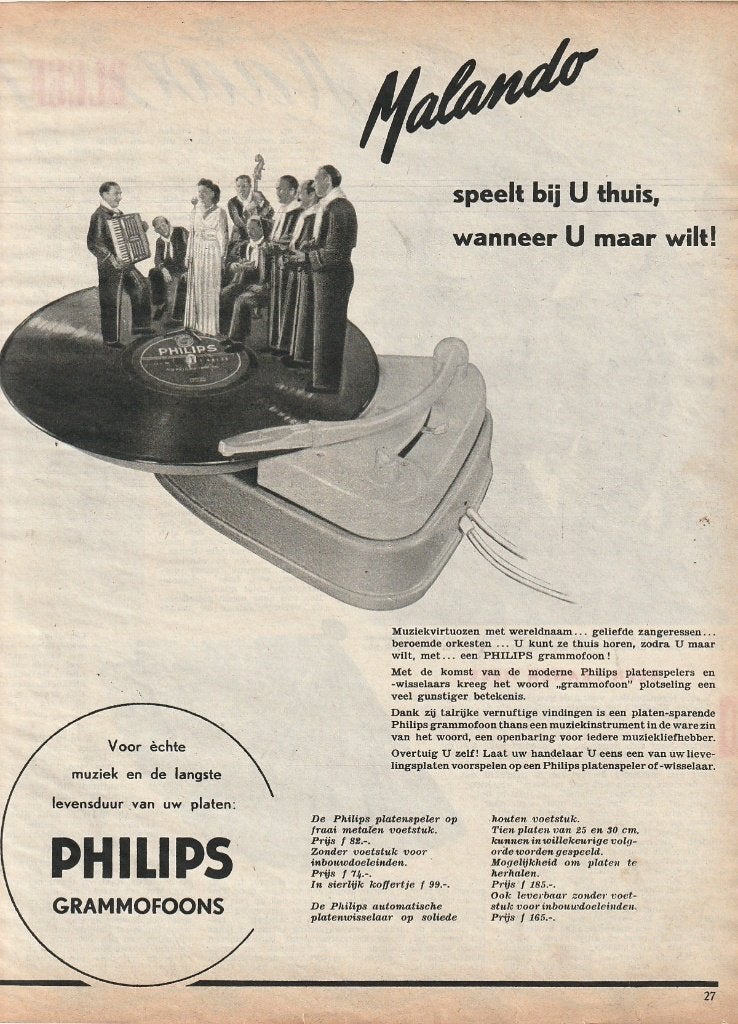 retro reclame 1954 Philips grammofoon Malando bij u thuis, Verzenden, Overige typen