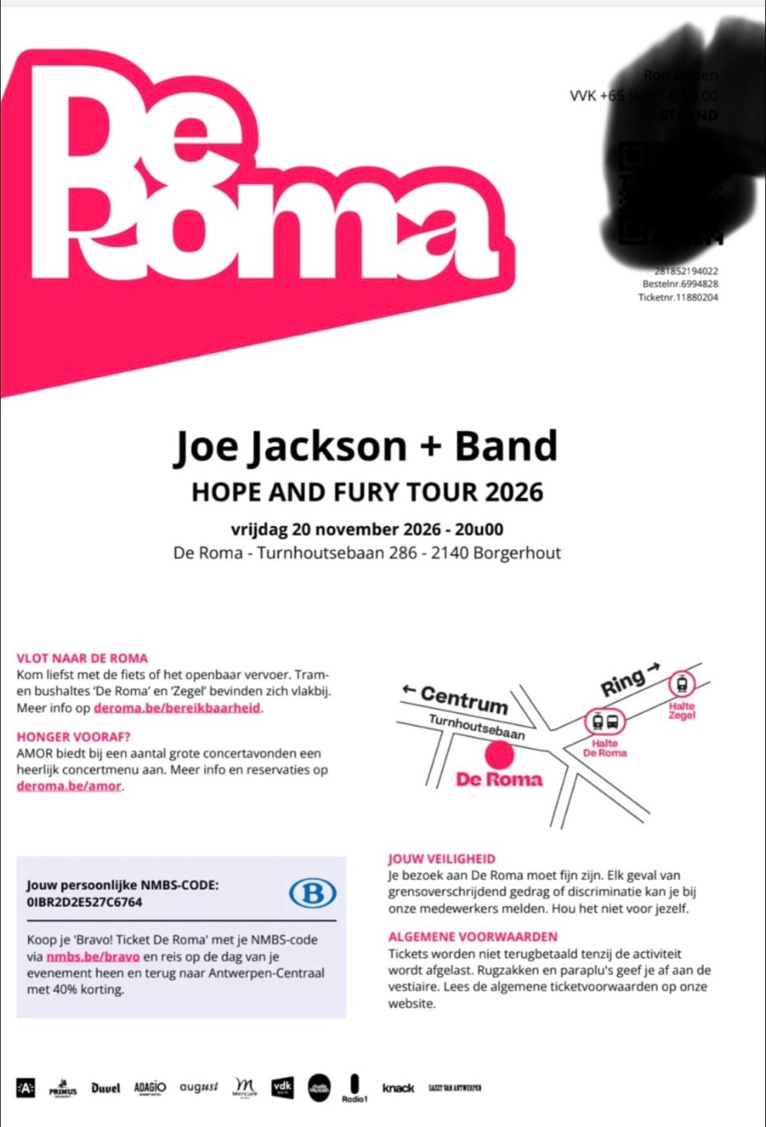 Kaart voor Joe Jackson 20 nov. 2026 in Borgerhout, Antwerpen