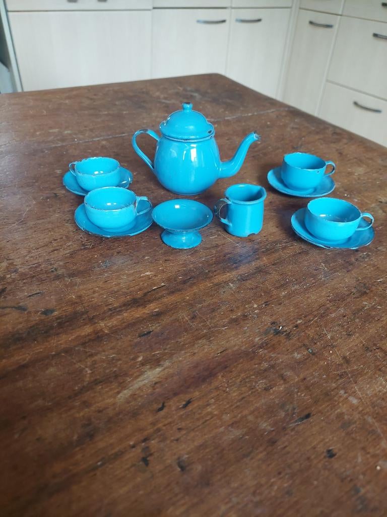 Antiek emaille kinderserviesje blauw., Antiek en Kunst, Ophalen of Verzenden