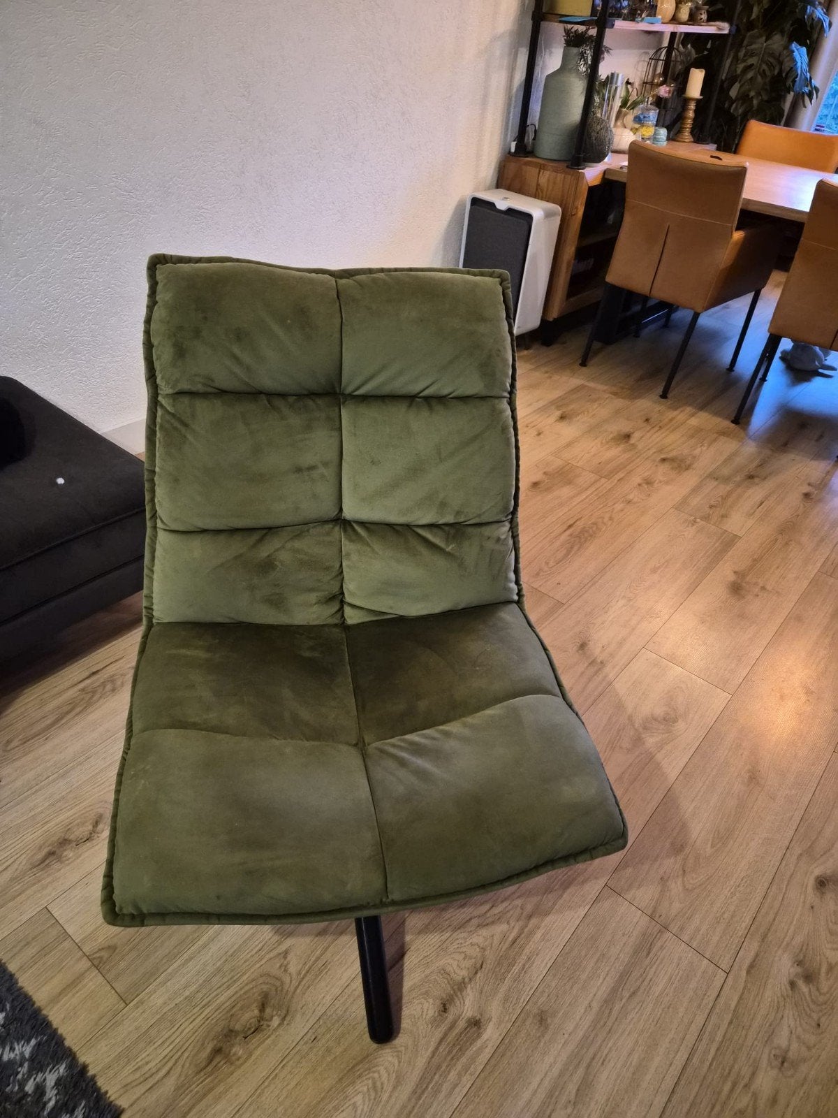 Mooie velvet groene fauteuil, 360 graden draaibaar frame, Ophalen, Zo goed als nieuw, 75 tot 100 cm, 50 tot 75 cm