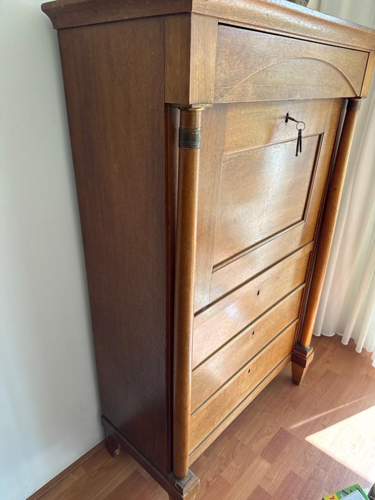 Antieke Empire secretaire met zuilen en messing beslag, Ophalen