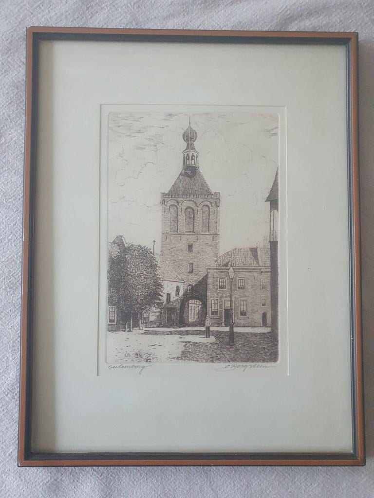 Carel Borgstein (1872–1953) Culemborg Lanxmeerpoort, Antiek en Kunst, Kunst | Etsen en Gravures, Ophalen