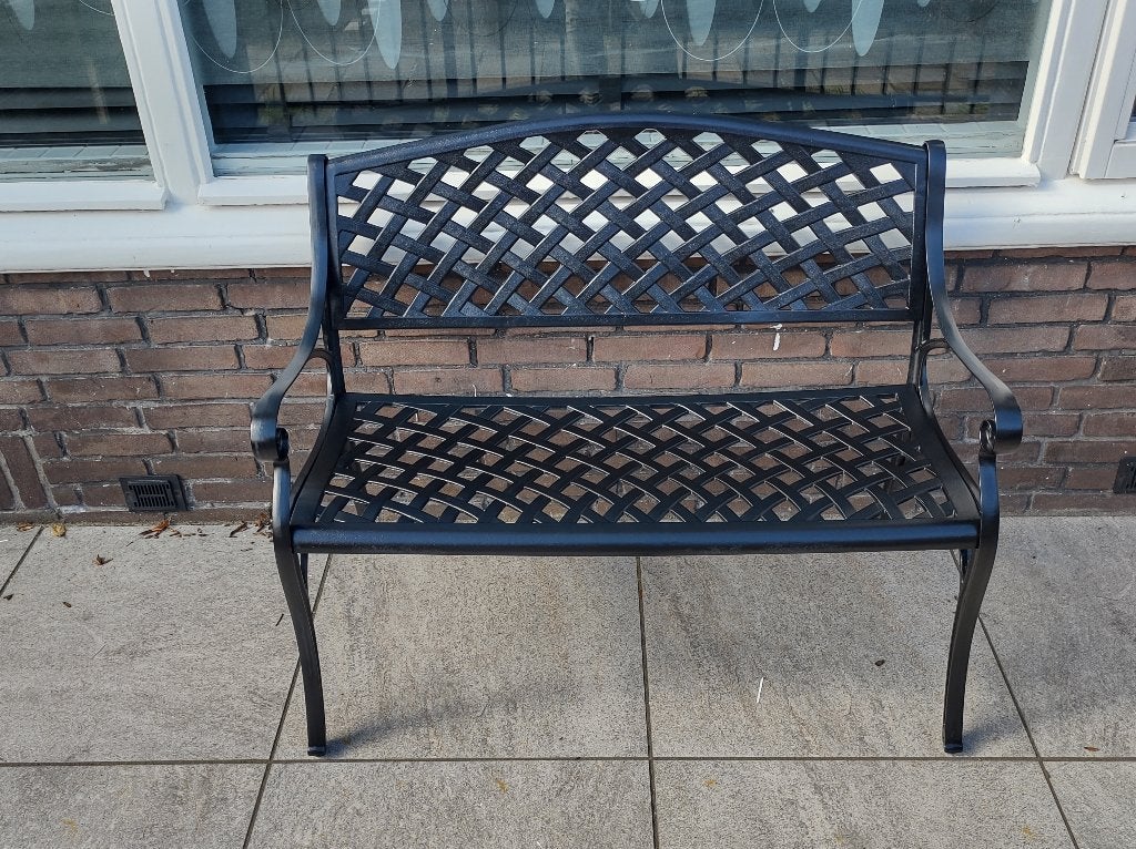 ZWART METALEN TUINBANK INCL. KUSSEN, Tuin en Terras, Ophalen, Zo goed als nieuw, Metaal