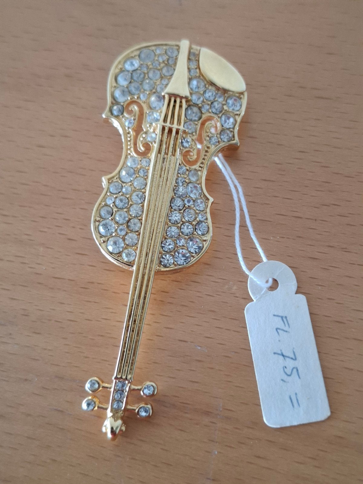 Gouden Viool Broche met Strass Steentjes, Sieraden, Tassen en Uiterlijk, Broches, Overige materialen, Ophalen of Verzenden, Zo goed als nieuw
