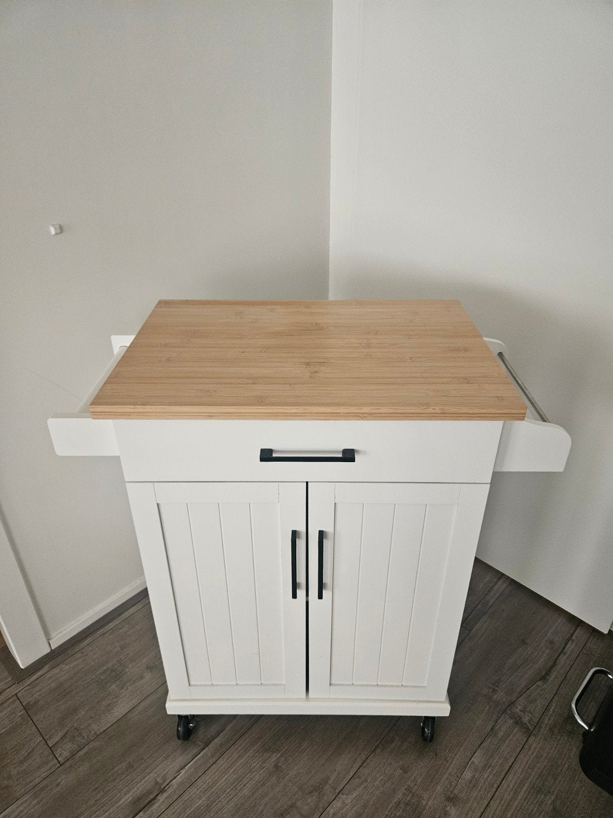 Witte keukentrolley met bamboe blad en lade, Ophalen, Gebruikt, Hout, Keukentrolley