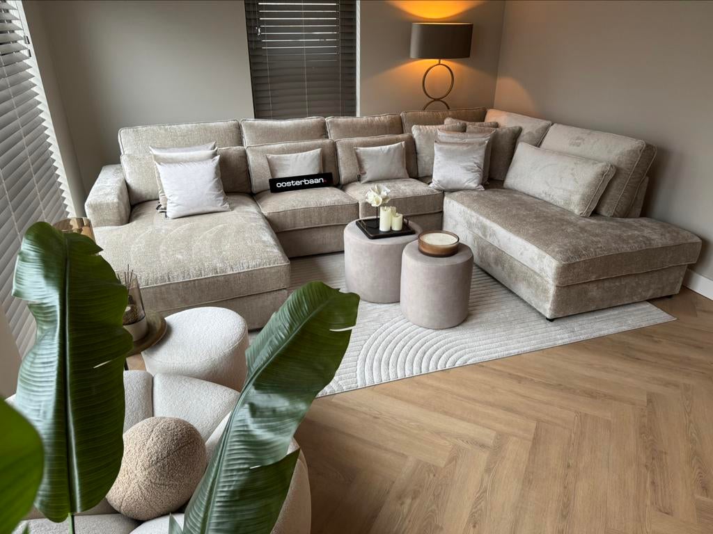 Luxe Velvet Teddy U-Bank Pocket 200x370x250cm Beige Sand NEW, Huis en Inrichting, Banken | Bankstellen, Info@oosterbaanwonen.nl