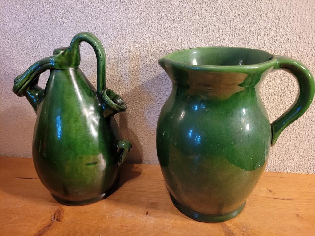 Boerengroen keramiek olielamp en kan schenkkan vaas groen, Ophalen of Verzenden