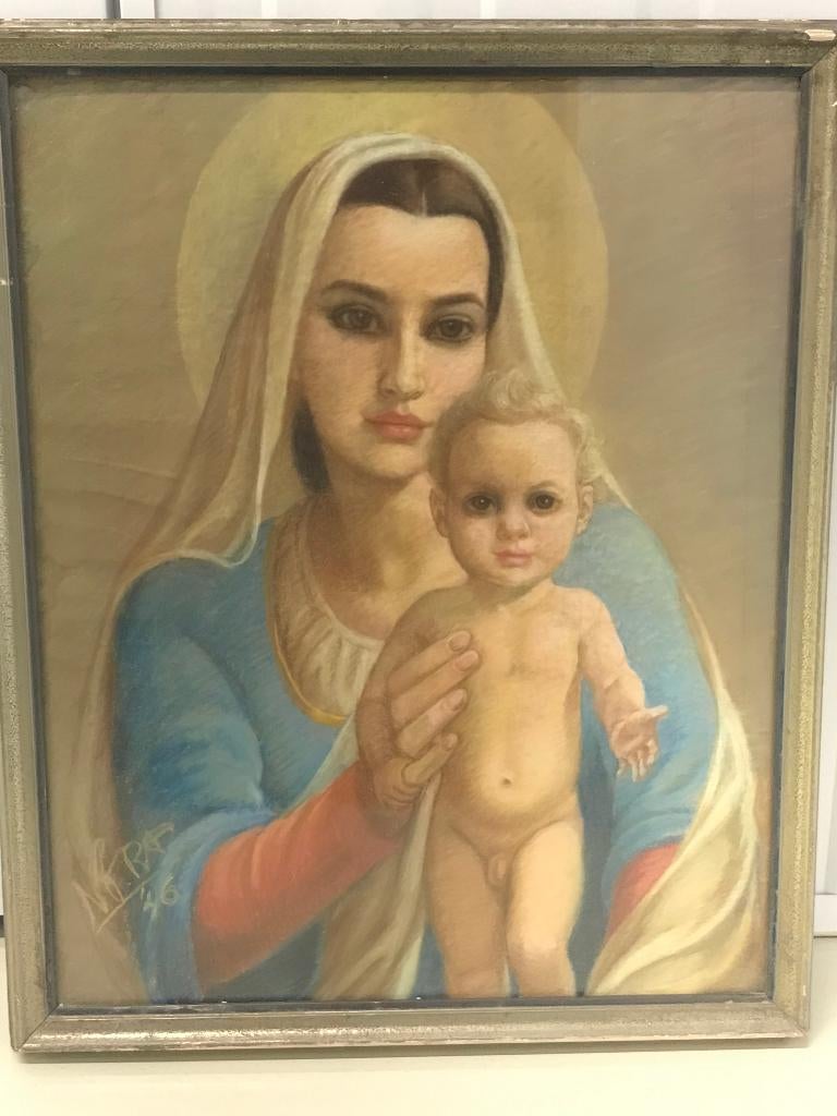aquarel pastel moeder madonna met kind 1946, Ophalen of Verzenden