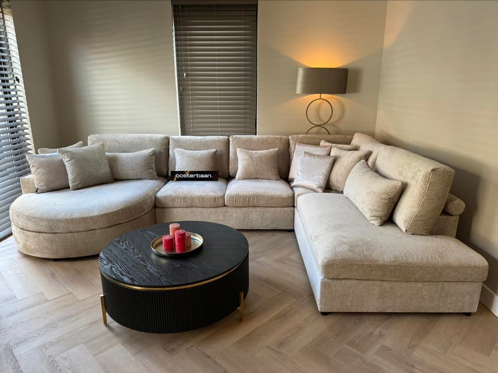 Luxe Velvet Teddy U-Bank Nepal Round 180x375x250cm Beige NEW, Huis en Inrichting, Banken | Bankstellen, Oosterbaan, Info@oosterbaanwonen.nl