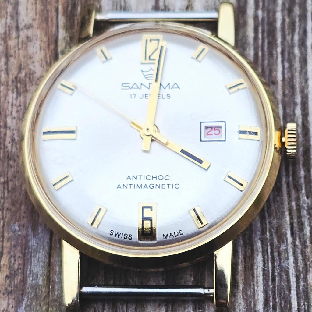 Vintage Santima horloge, 17 jewels, jaren 1960-1970 met rode, Ophalen of Verzenden, Staal, Overige merken