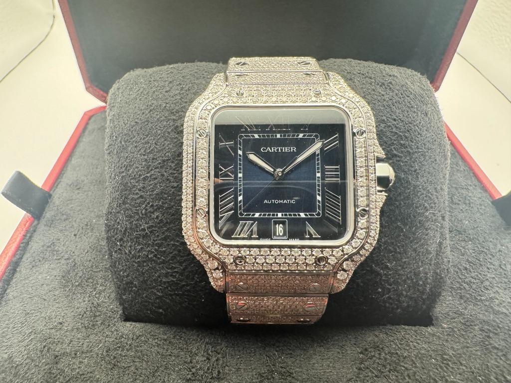 Cartier Santos Large “ICED OUT” | Blue | NEW | Full Set, Overige merken, Staal, Staal, Polshorloge