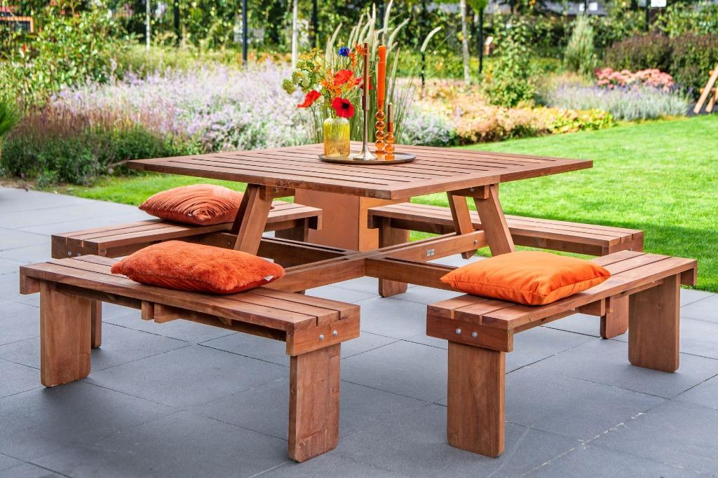 Hardhouten picknicktafel vierkant Premium, Ophalen of Verzenden, Nieuw, Vierkant, Hout