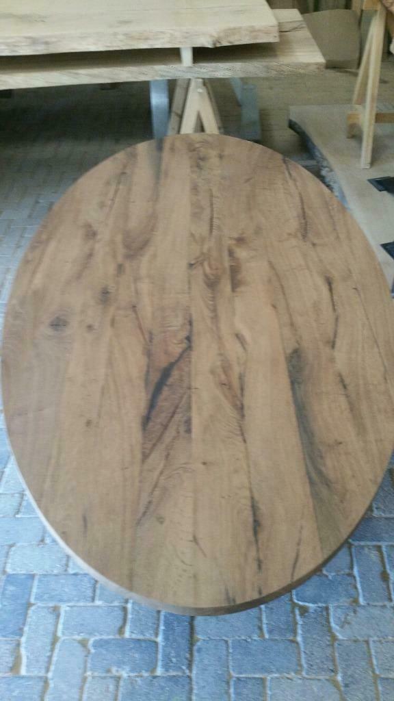 Ovale industriële  tafel, karakteristiek oud eiken geleefd, Ophalen, 100 tot 150 cm, Eikenhout, Vijf personen of meer