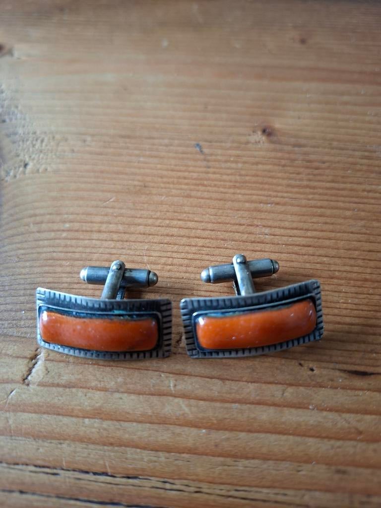 ART DECO manchetknopen met barnsteen,koraal, of ander edel, Ophalen of Verzenden, Zo goed als nieuw, Zilver