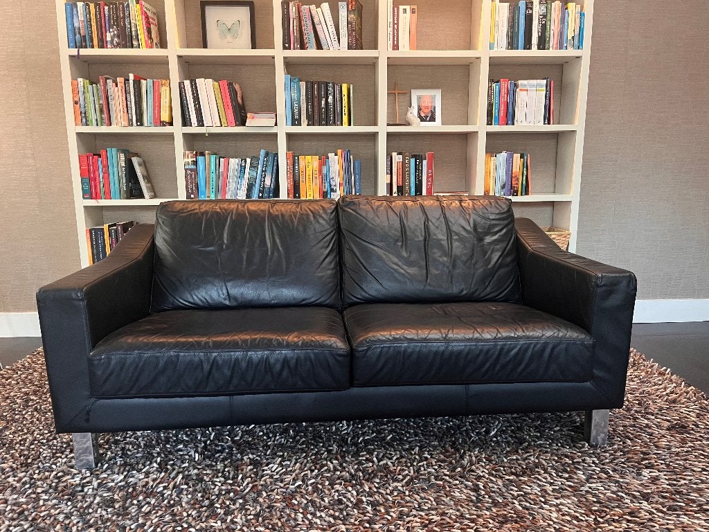 Leolux Antonia 2-zits bank zwart leer, Ophalen, Gebruikt, Design, 150 tot 200 cm