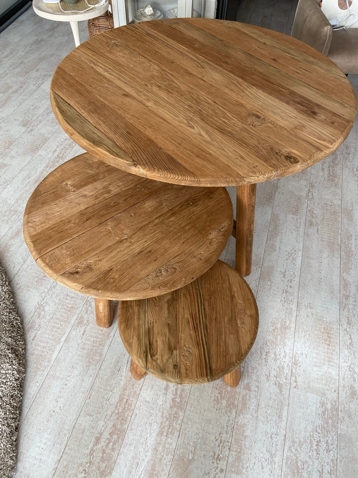 Troubadour massief teakhouten eettafel en salontafel rond, Ophalen, Gebruikt, 100 tot 150 cm, Teakhout