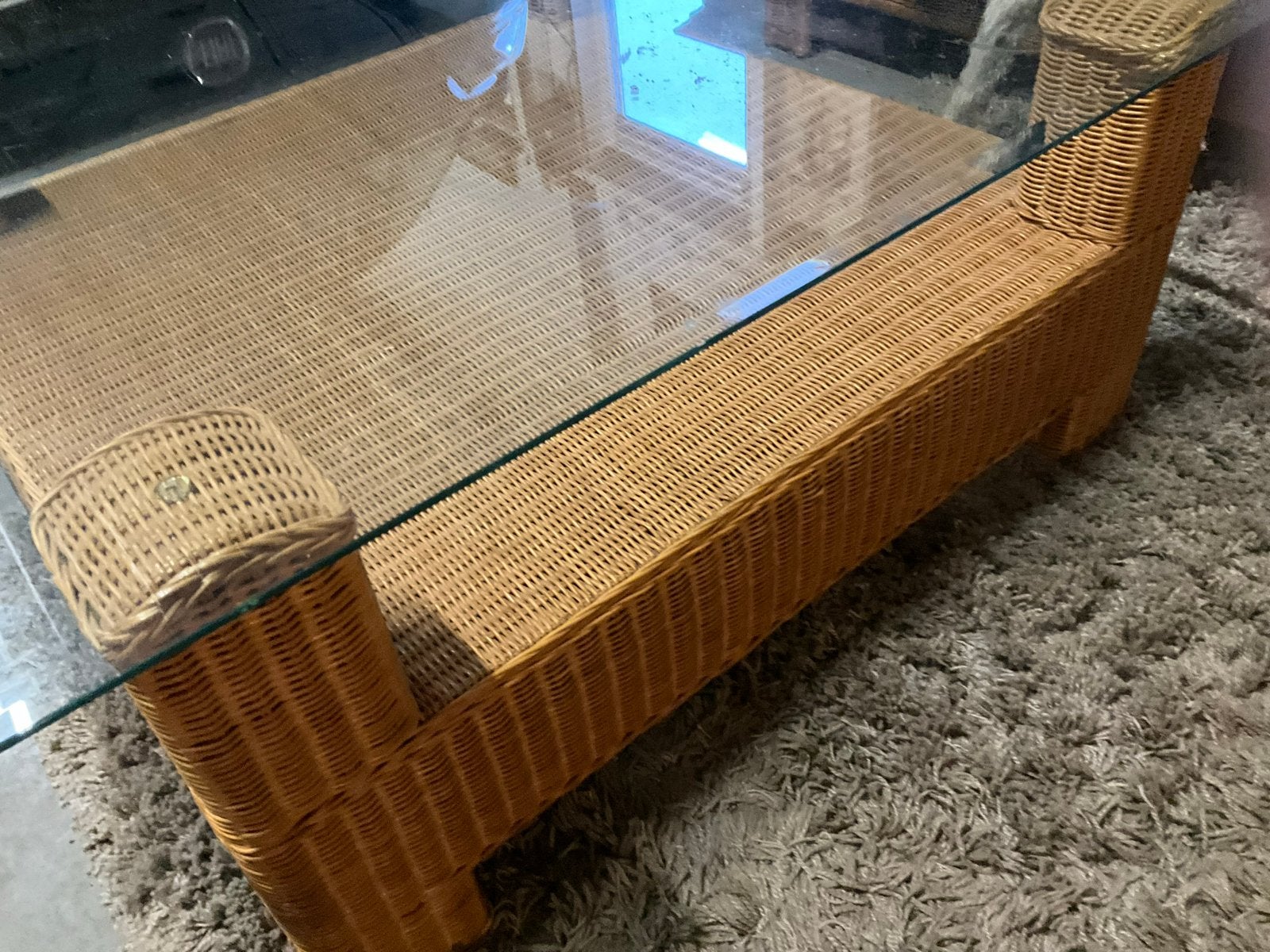 Rotan salontafel met glazen blad - 100x100 cm, Gebruikt, 100 tot 150 cm, Vierkant, Ophalen of Verzenden