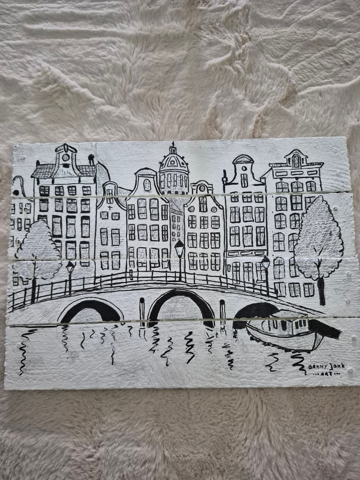 Handgeschilderd Amsterdams stadsgezicht op hout, Antiek en Kunst, Ophalen, Hout, Stadsgezicht, Gesigneerd