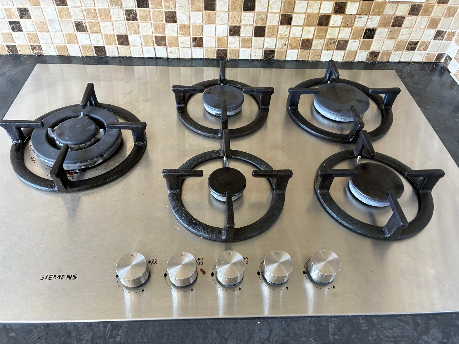 Siemens Inbouw Gasfornuis met Wokhouder - 5 Kookzones, Ophalen, Gebruikt, Minder dan 85 cm, 60 cm of meer