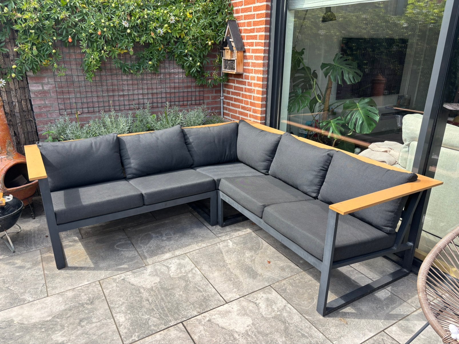 Loungeset zwart/hout(look) 208 x 208 cm, Tuin en Terras, Ophalen, 5 zitplaatsen, Gebruikt, Aluminium