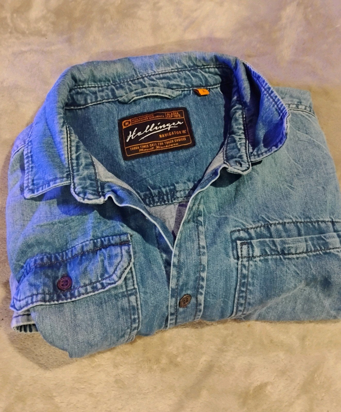 Hallingan spijkerblouse - Zo goed als nieuw Maat L, Blauw, Hallingan, Zo goed als nieuw, Halswijdte 39/40 (M)