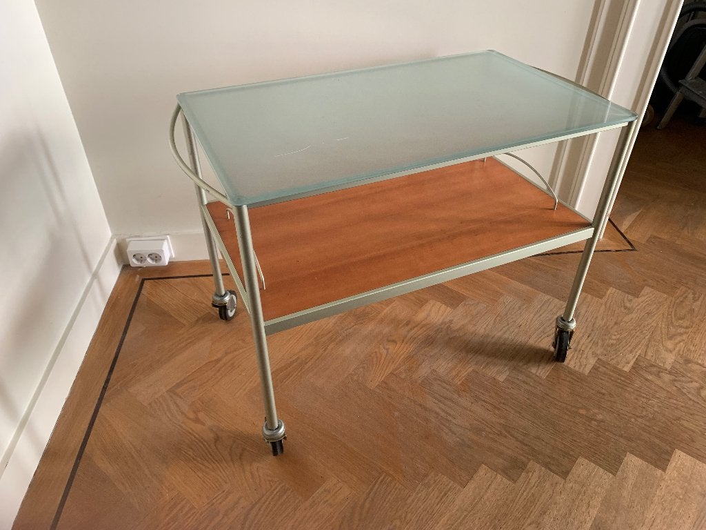 Serveerwagen op wielen glas/metaal/hout vintage, Huis en Inrichting, Ophalen, Vintage, Gebruikt, Meerkleurig