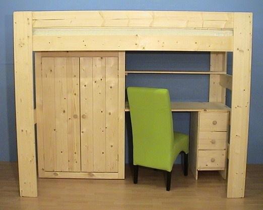Houten HOOGSLAPER met kast en buro, 90 cm, Ophalen of Verzenden, Stapelbed, Nieuw
