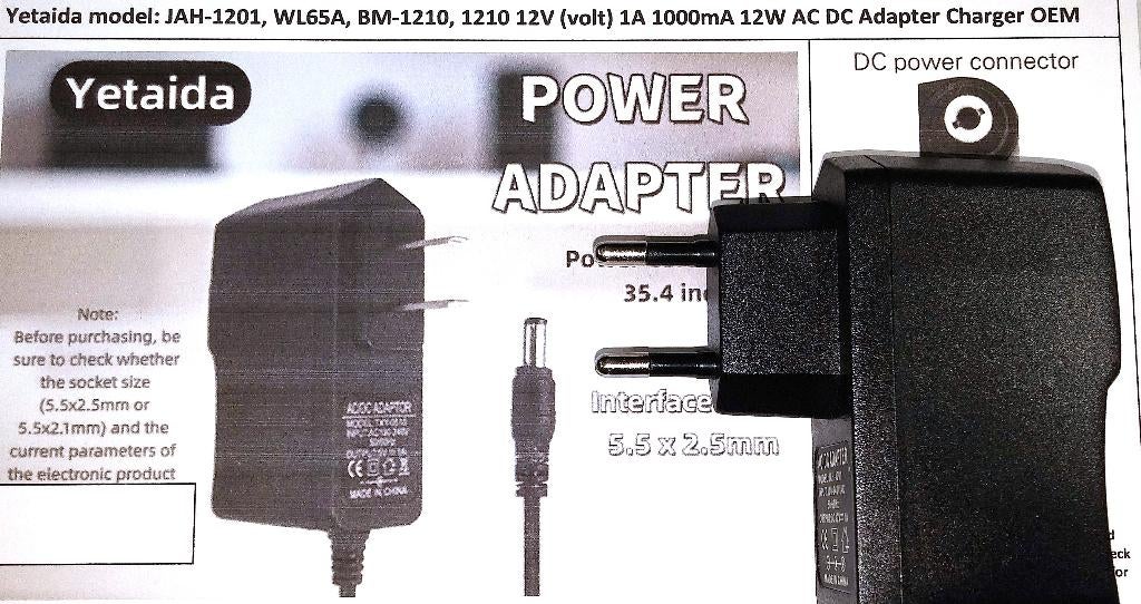 Yetaida JAH-1201 12V 1A AC Adapter oplader Lader tip 2.5x5.5, Ophalen of Verzenden, Nieuw