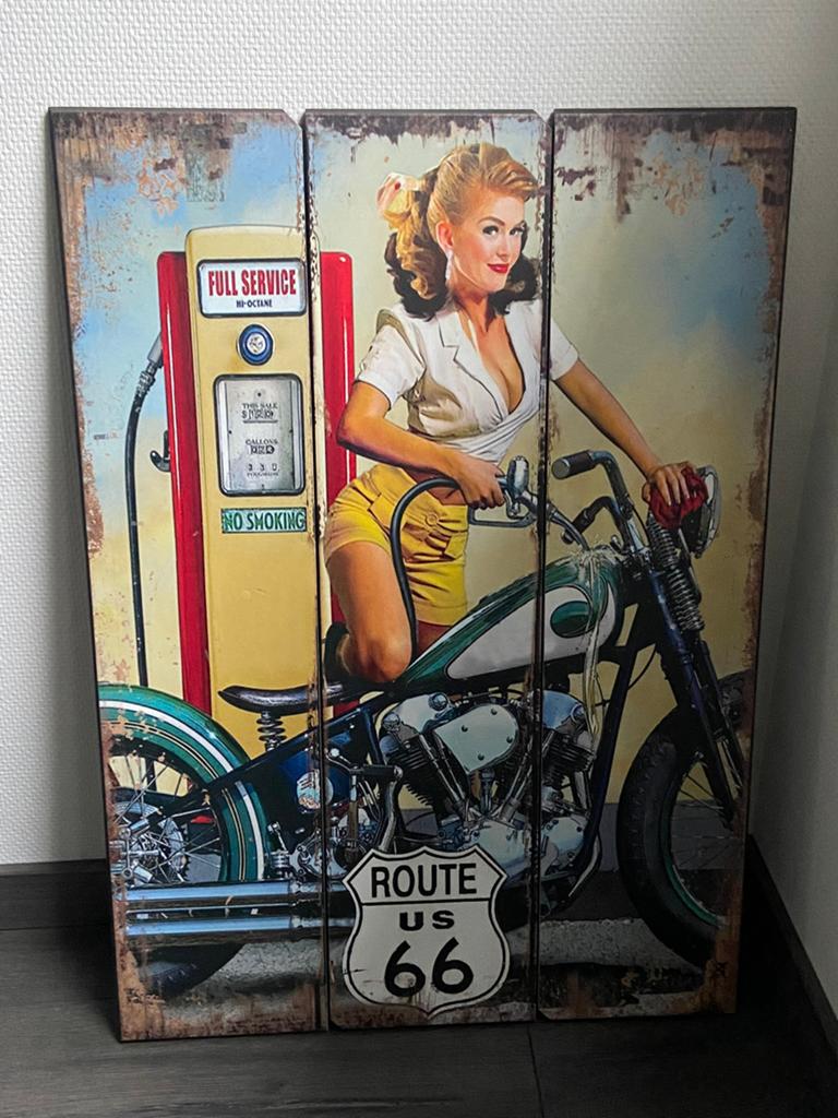 Vintage Pin-up Wanddecoratie - Route 66 Motor, Huis en Inrichting, Woonaccessoires | Wanddecoraties, Ophalen, Gebruikt, Hout, Wandbord of Wandpaneel