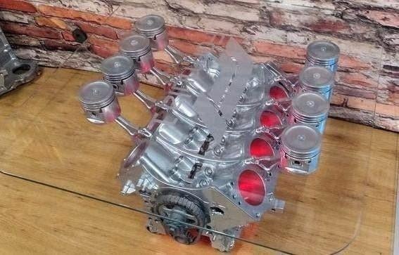 motorbloktafel, salontafel, mancave V8 V12 motorblok tafel, Glas, Minder dan 50 cm, Rechthoekig, Nieuw