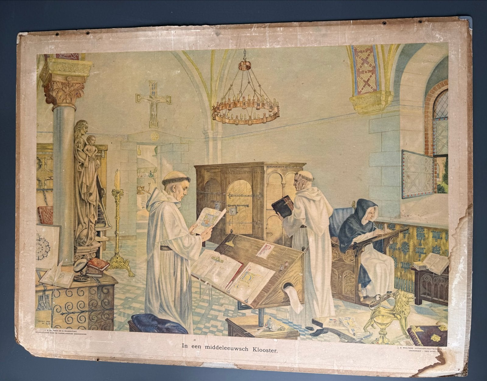 Antieke Schoolplaat Willibrord op Walcheren Vintage 60x48 cm, Ophalen, Geschiedenis