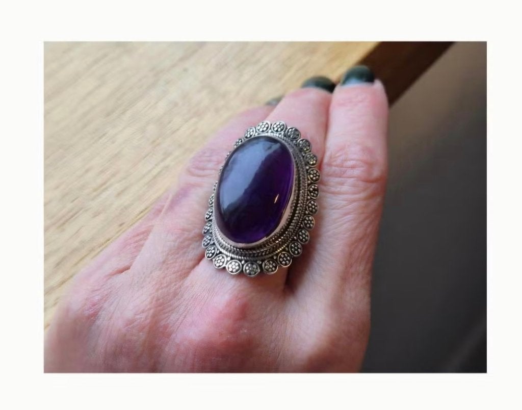 Antieke boho zilveren amethist statement ring, Sieraden, Tassen en Uiterlijk, Antieke sieraden, Ophalen of Verzenden, Zilver, Ring