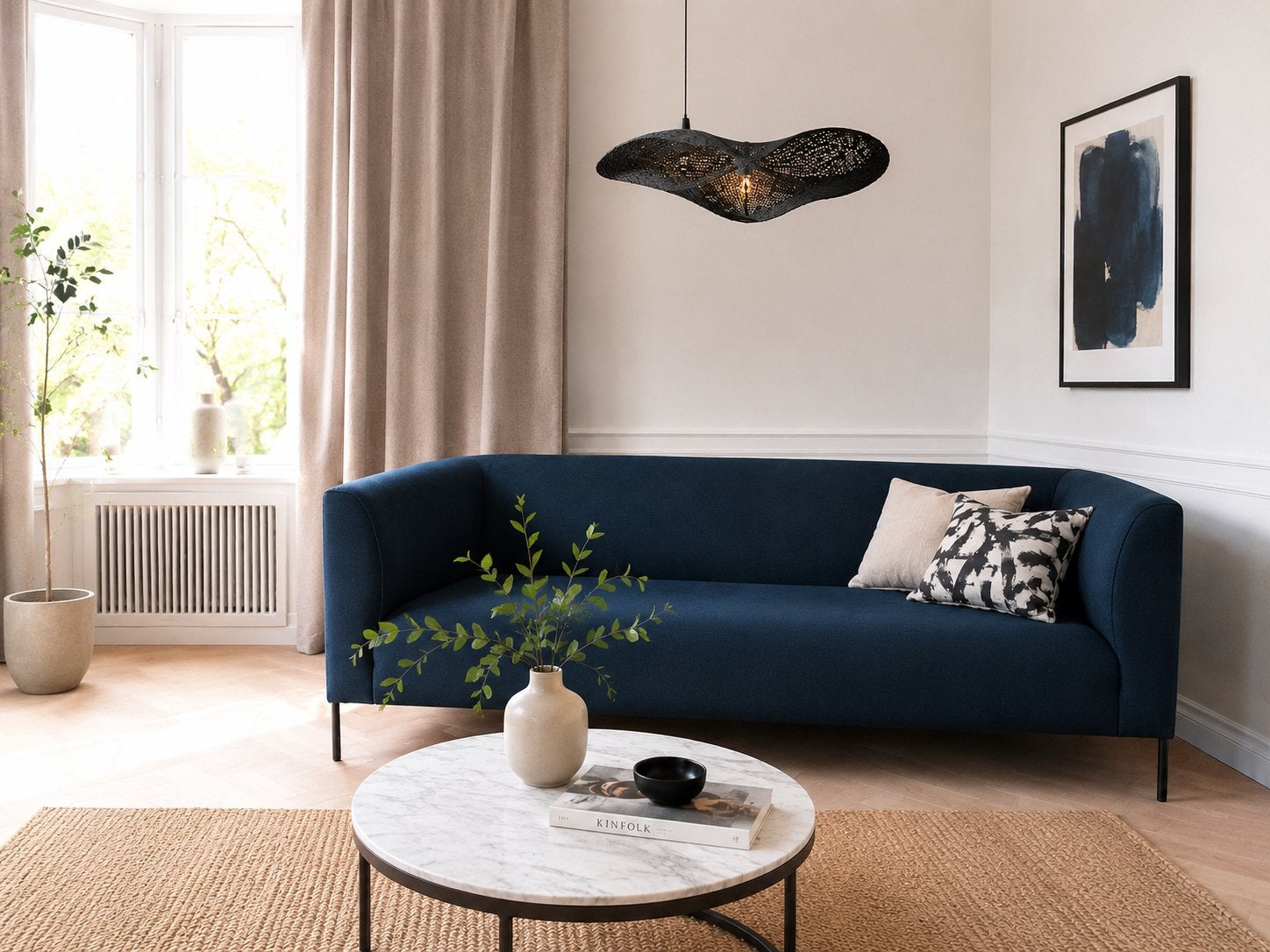 Donkerblauwe design bank / 3-zits – modern Scandinavisch, Ophalen, Zo goed als nieuw