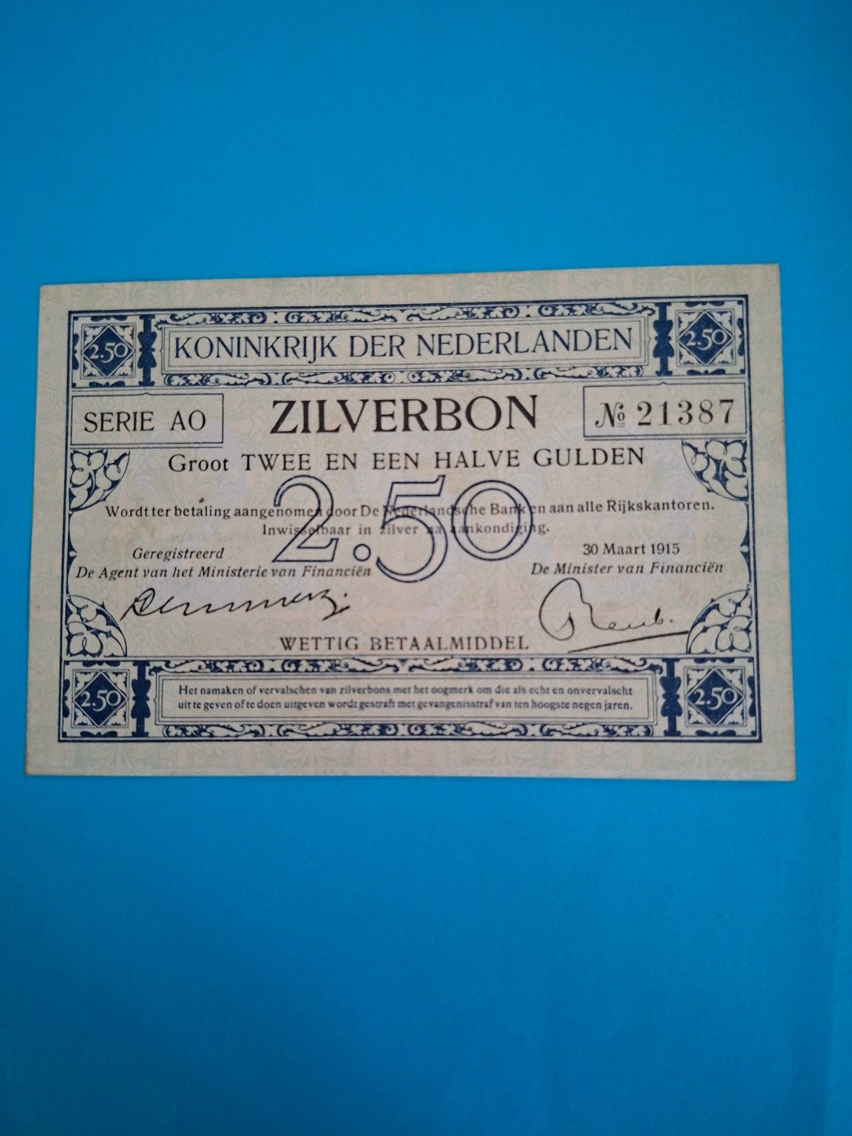 2,5 gulden Zilverbon uit 1915 in PR+, Ophalen of Verzenden, 2½ gulden, Los biljet