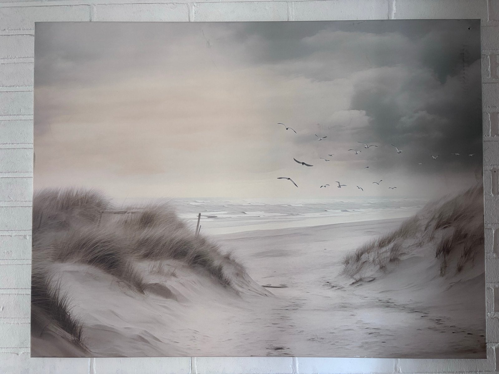 Schilderij: Duinlandschap met Zee en Meeuwen WALLFIELD, 50 – 75, Ophalen of Verzenden, Zo goed als nieuw, Schilderij