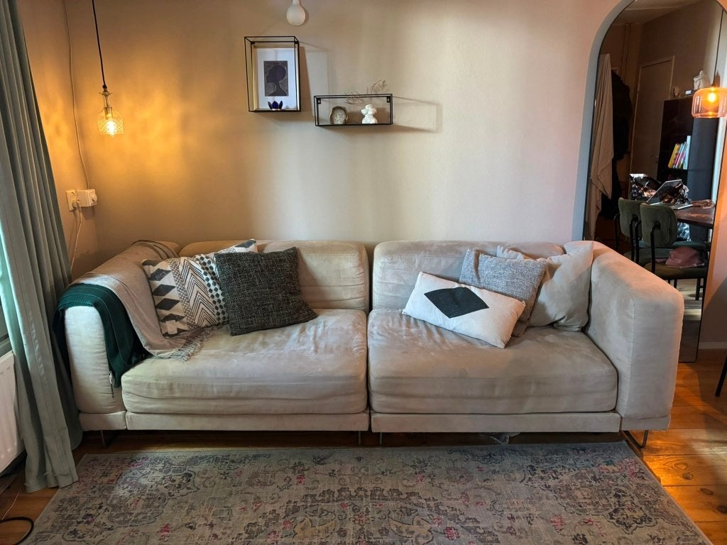 Design slaapbank met opbergruimte – Beige velours, Ophalen, Crème, Gebruikt, 90 cm
