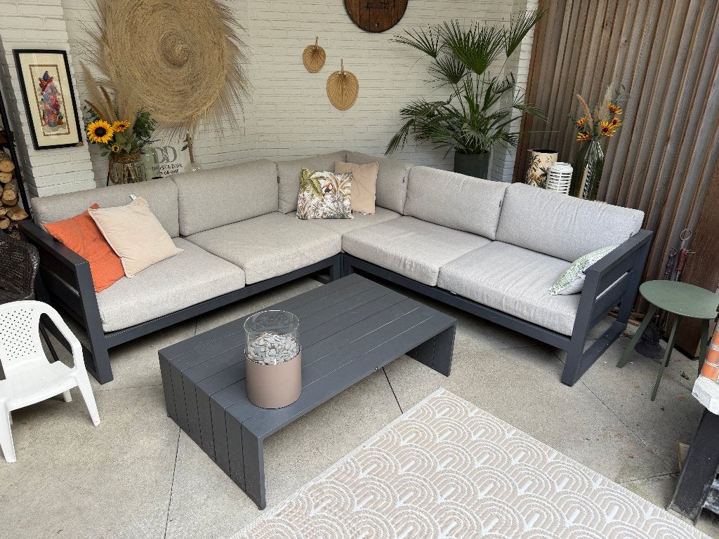 Intratuin aluminium loungeset hoekbank + tafel (gebruikt), Ophalen, 5 zitplaatsen, Gebruikt, Aluminium