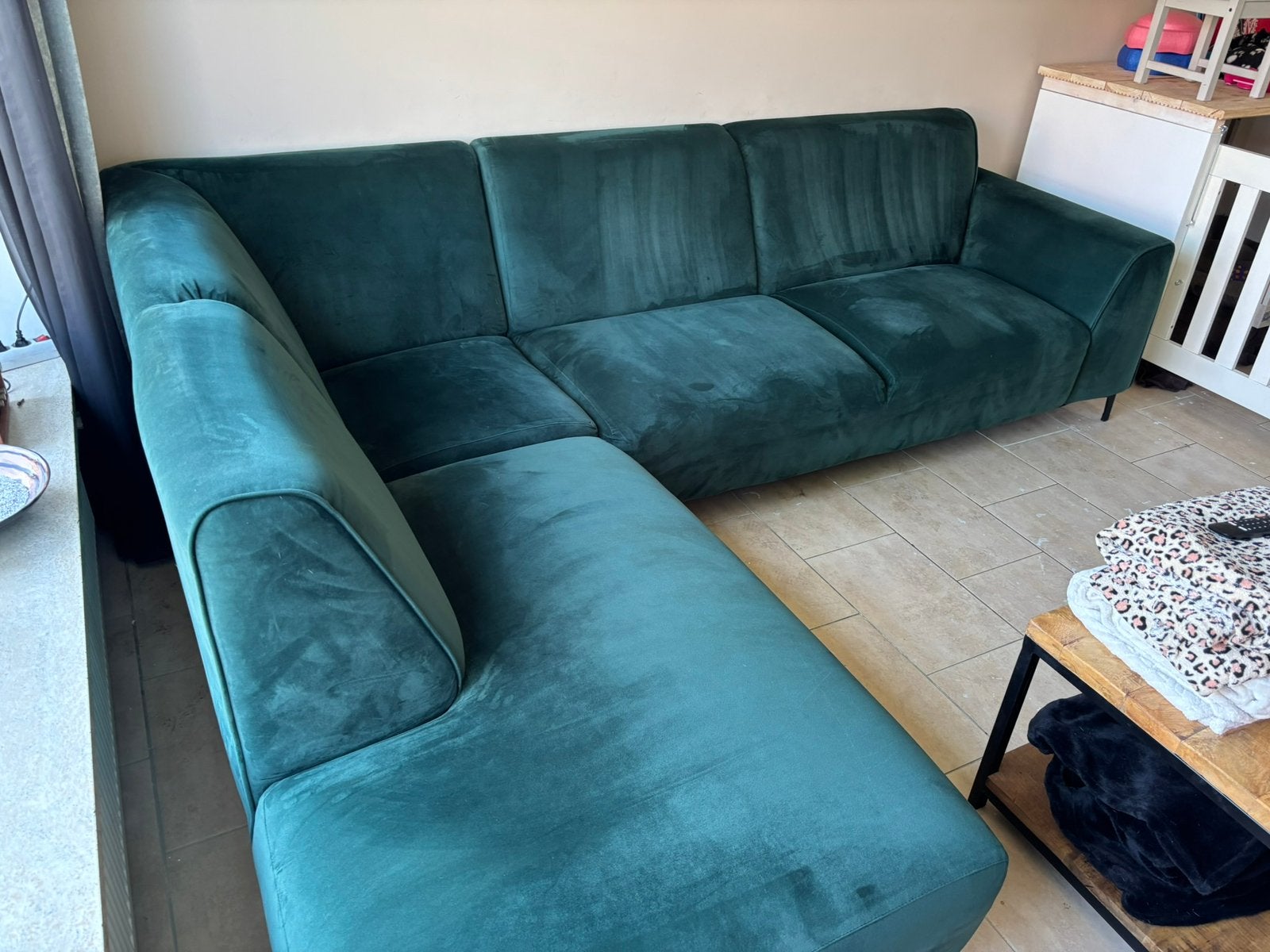Hoekbank velvet/groen, Huis en Inrichting, Ophalen, Gebruikt, Stof