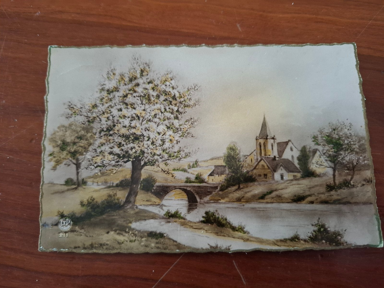 Oude ansichtkaart: Landschap met dorp, kerk en rivier, Ophalen of Verzenden, Voor 1920, Ongelopen