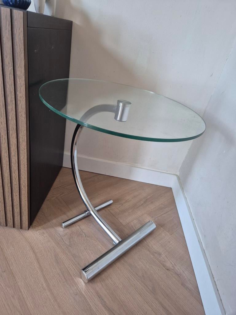 Vintage chrome bijzettafeltje, Minder dan 55 cm, Rond, Glas, Ophalen