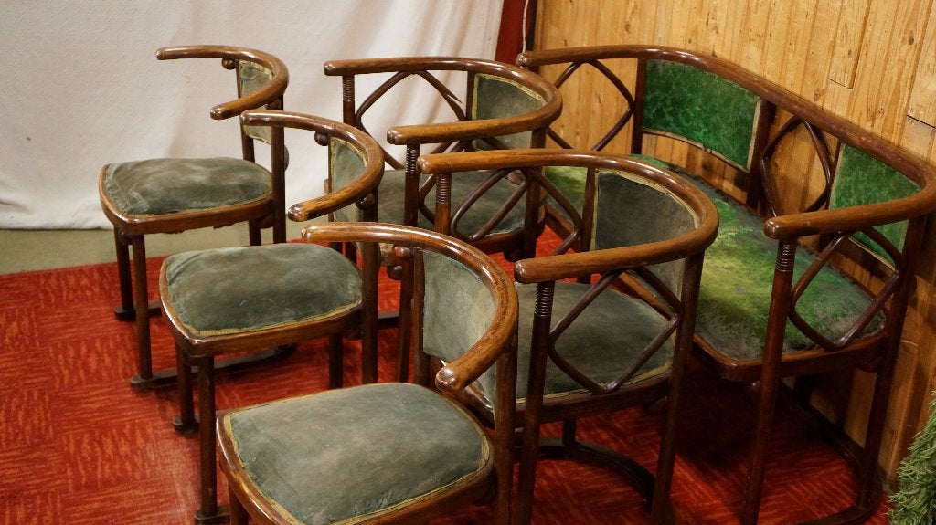Josef Hoffmann Jugenstil Thonet Mazowia 5 Chair Bench table, Ophalen, Gebruikt, Stof, Jugenstil Art Deco Antiek Hoffmann Bauhaus Art-Nouveau vintage