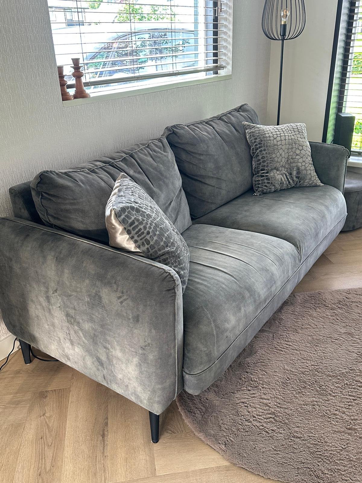 Bank 3 zits | Fauteuil + poef - Velours - Olijfgroen, Ophalen, Gebruikt, 150 tot 200 cm, Driepersoons