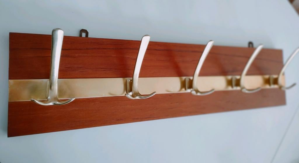 Vintage wandkapstok 🤎 teak kapstok messing haken retro, Huis en Inrichting, Woonaccessoires | Kapstokken, Ophalen of Verzenden