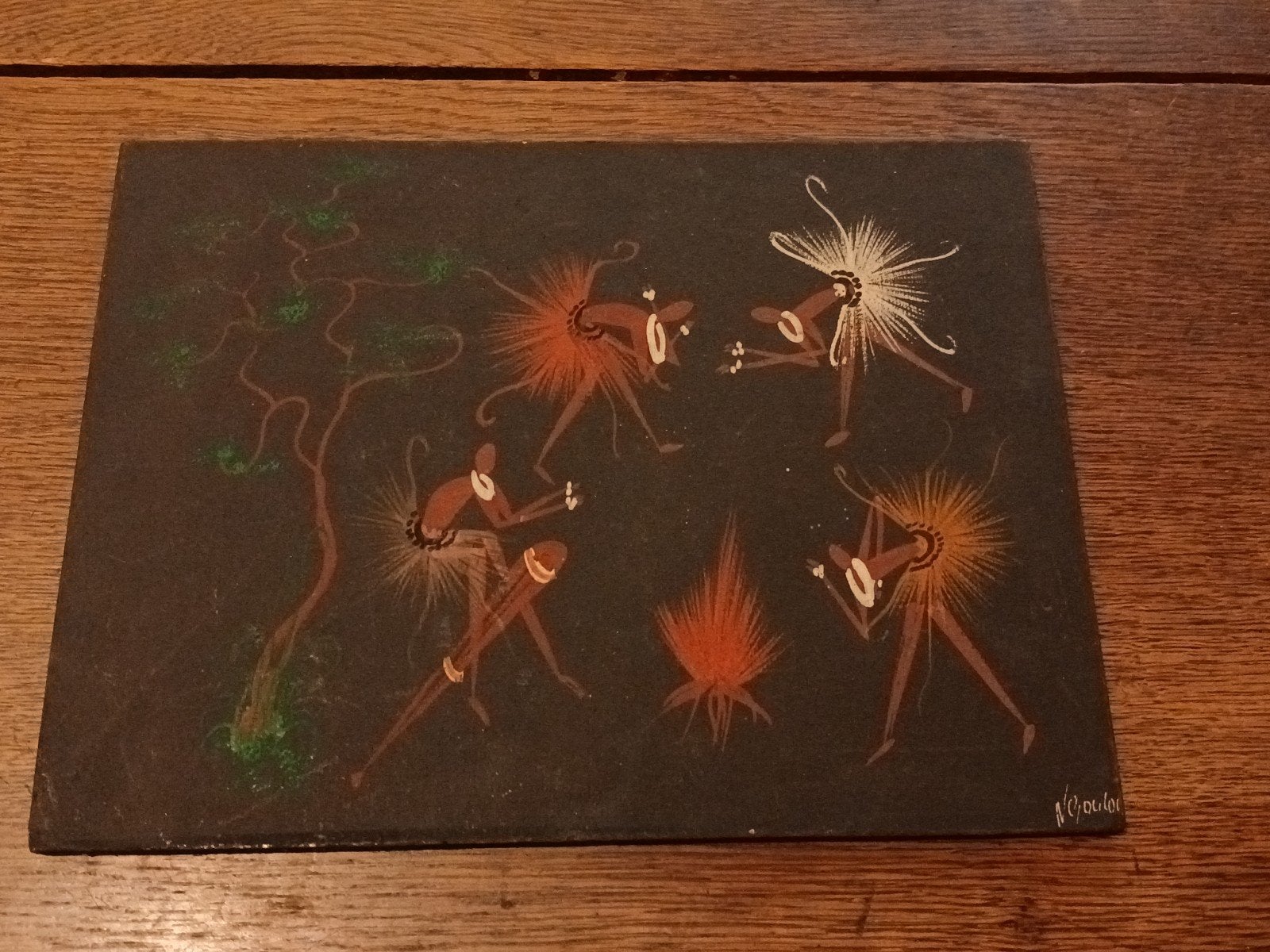 GOUACHE AFRIKAANSE VOLKSKUNST, JAREN 50.., Ophalen of Verzenden, 24 cm, Geschilderd, Natuurlijk materiaal