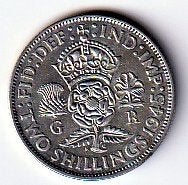 2  shilling  1945  Engeland. km. 855, Ophalen of Verzenden, Overige landen, Losse munt, Zilver