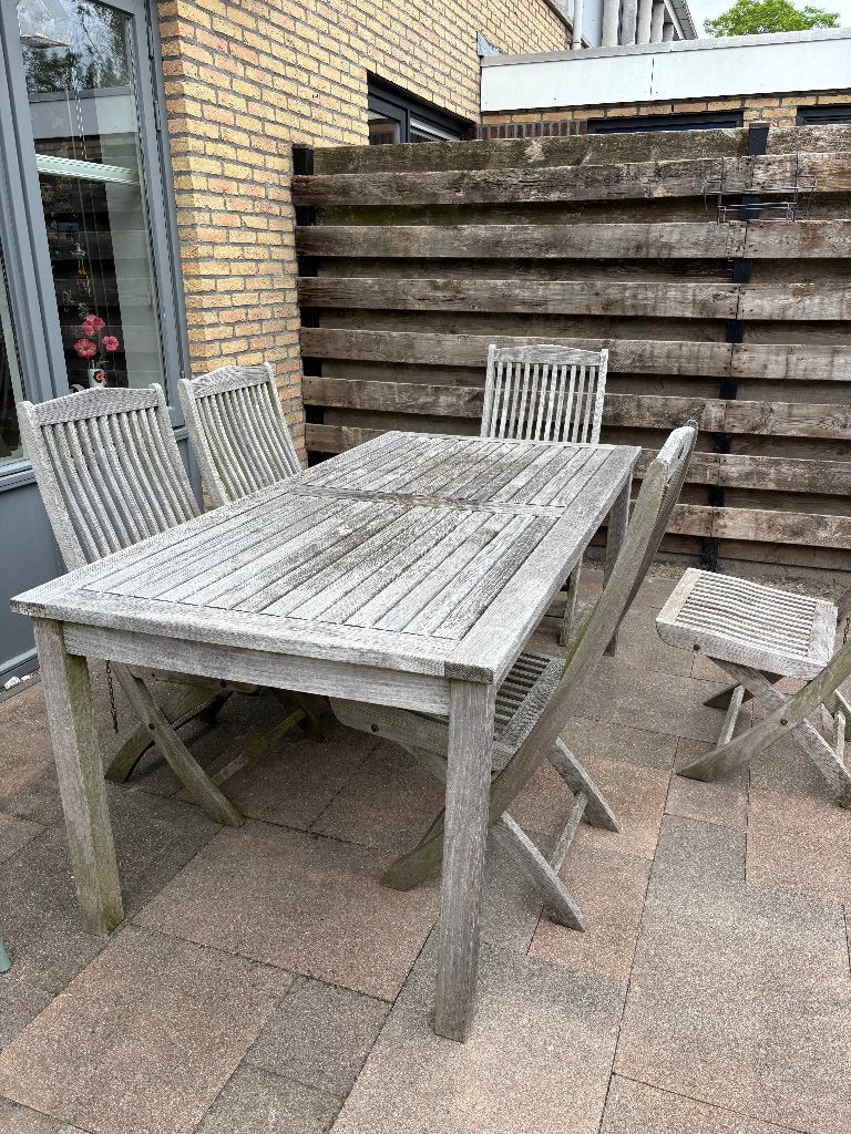 Teak tuinset – tafel + 6 stoelen + 4 zitkussens, Tuin en Terras, Tuinsets en Loungesets, Ophalen, Gebruikt, 6 zitplaatsen, Teakhout