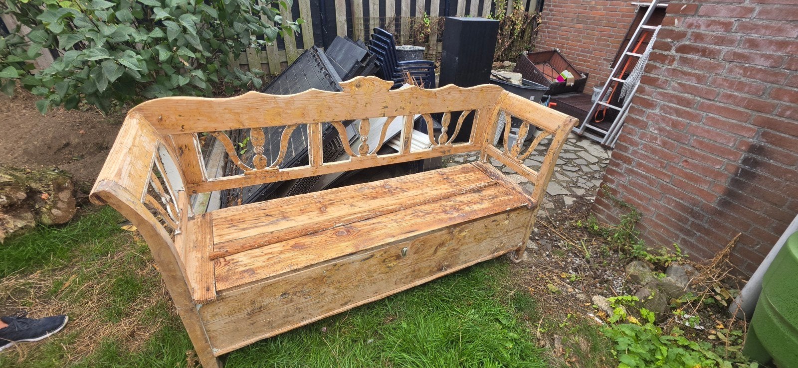 Vintage houten tuinbank met opbergruimte, Ophalen, Gebruikt, Hout